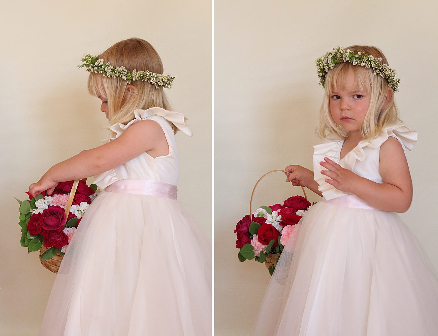 a flower girl is touching her flower basket