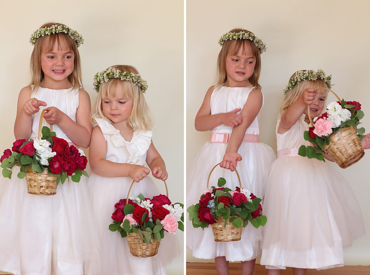 two flower girls holding a basket with flowers