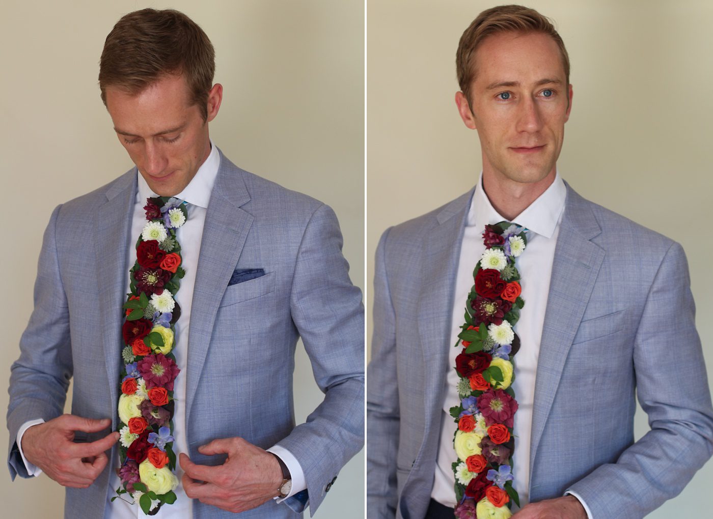 groom wearing a real flower tie