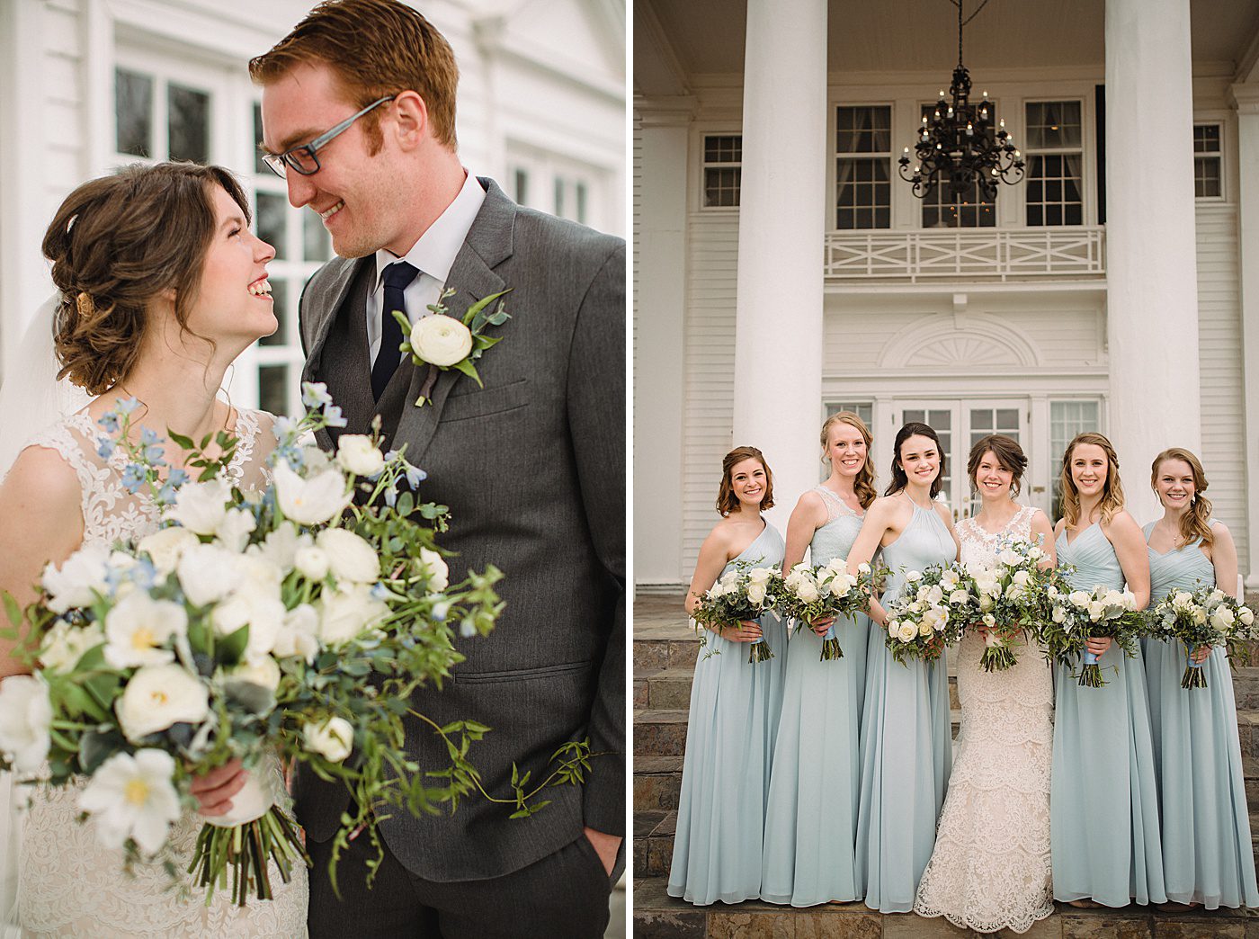 white, blue, and green spring wedding bouquets