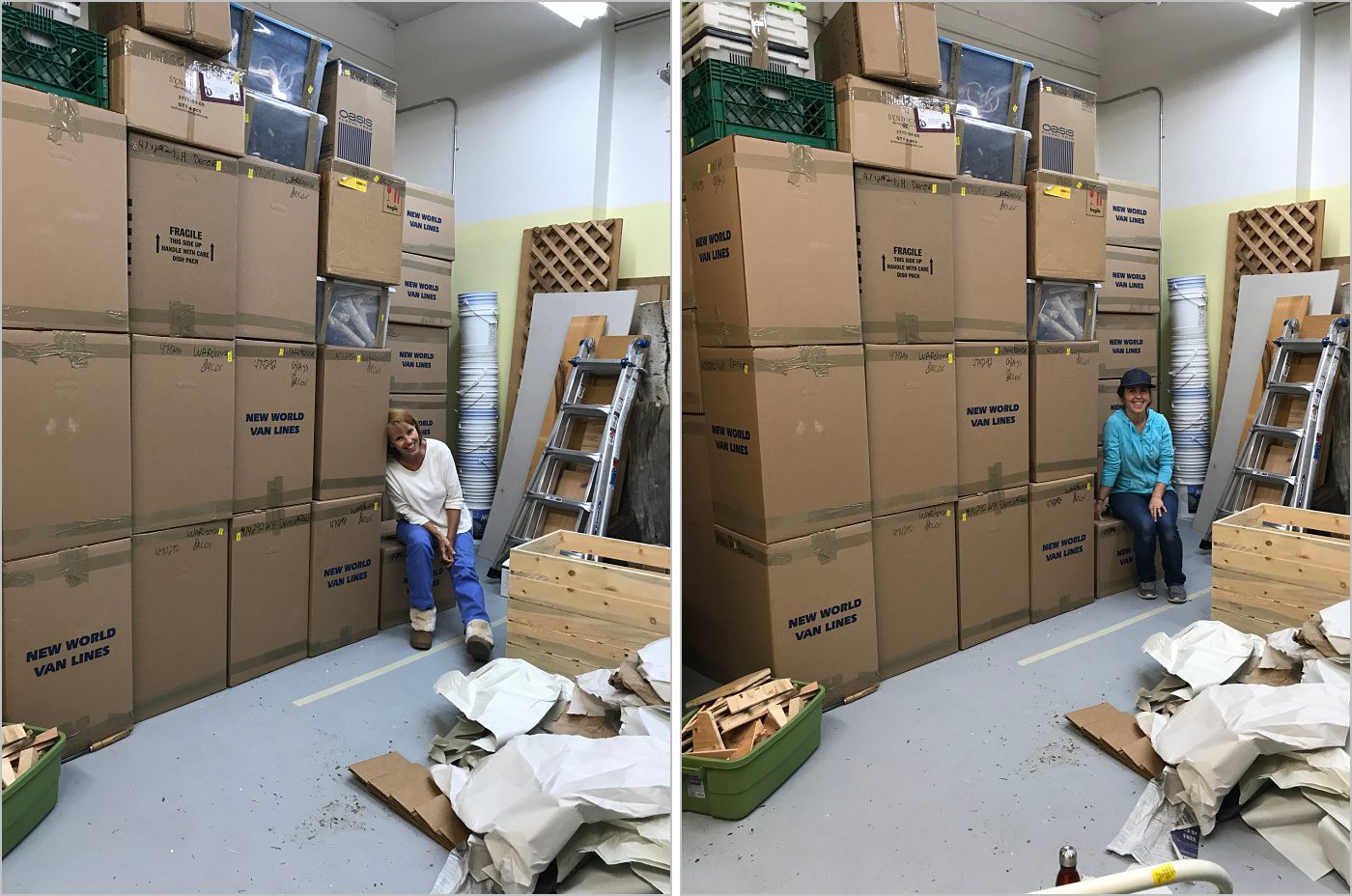 woman leaning against a pile of boxes