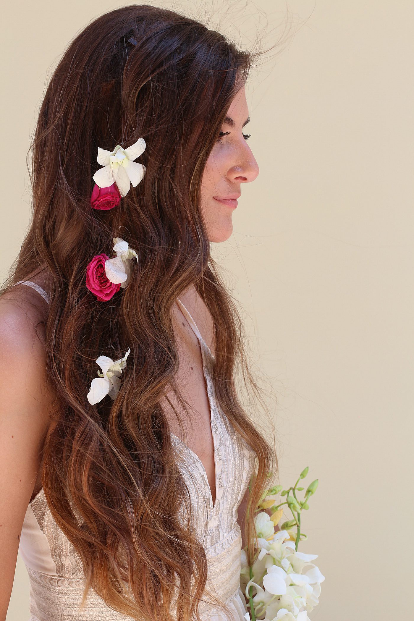 orchids in a bride's hair