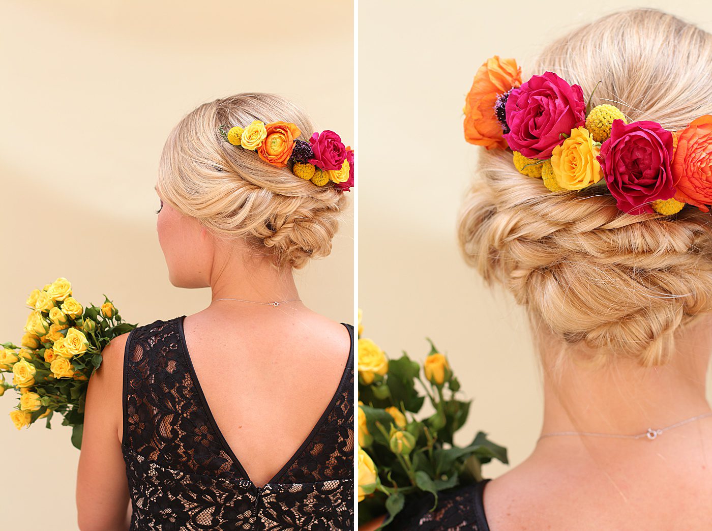 colorful flowers in a bridal up-do