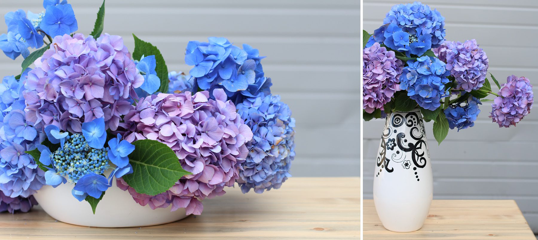 blue and purple hydrangea flower arrangements