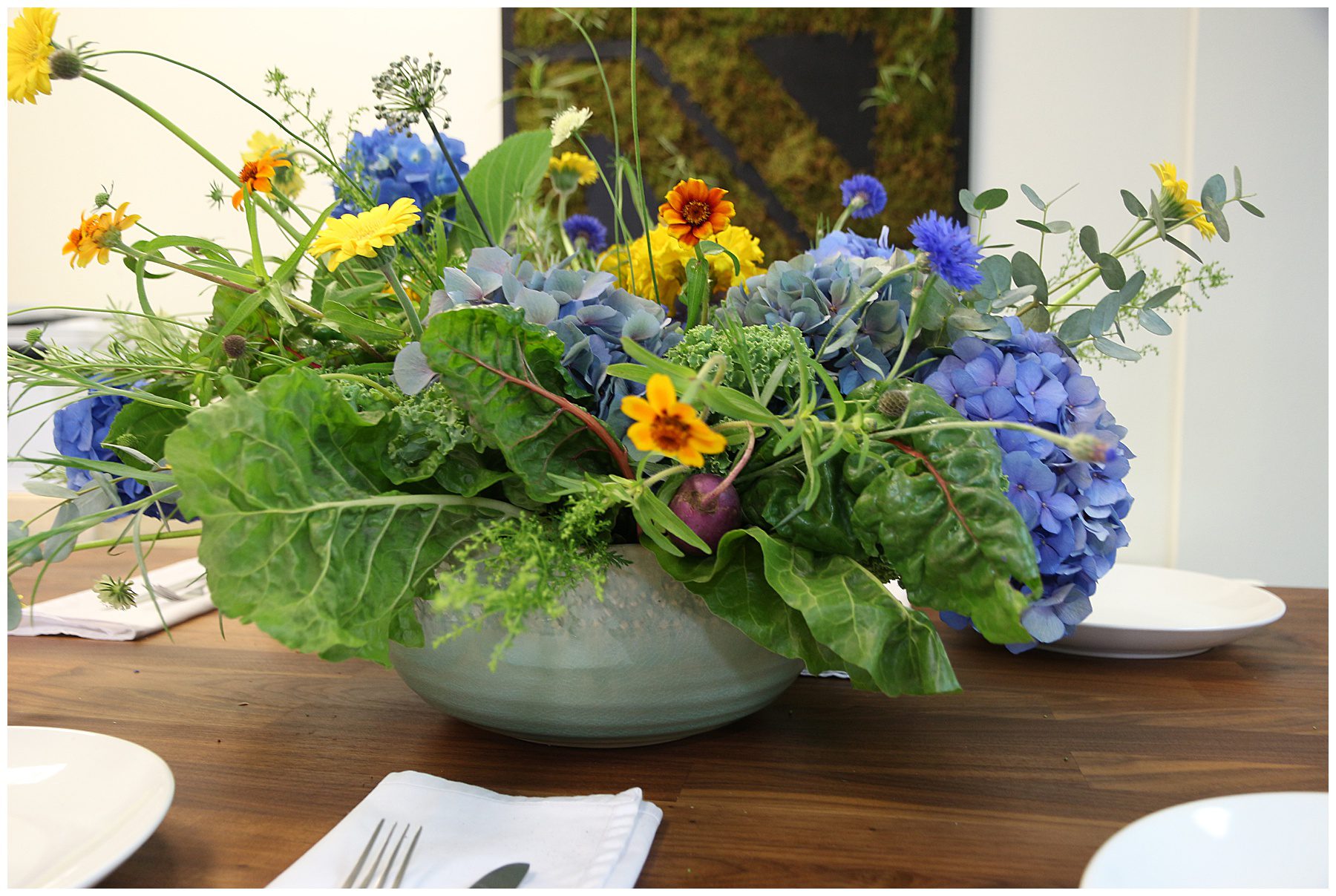 floral arrangement in a salad bowl