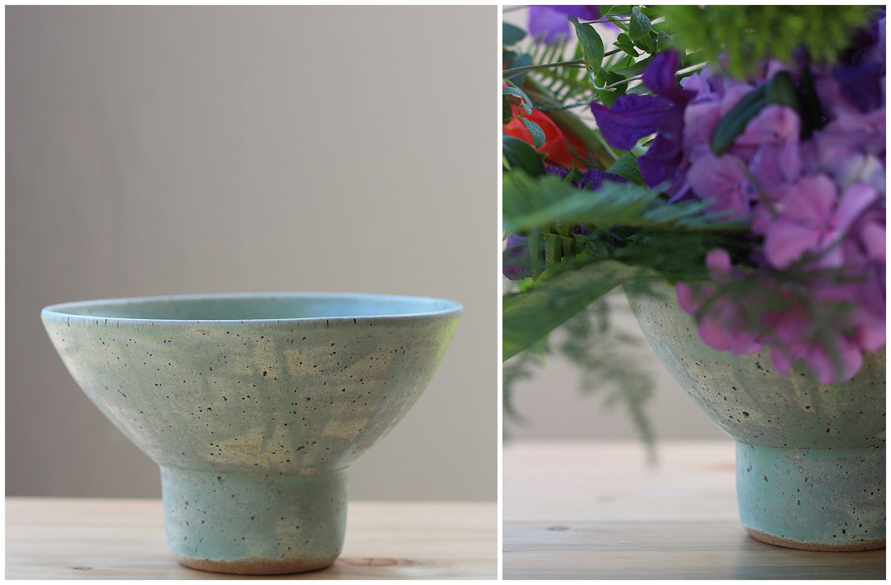 light green ceramic vase with flowers