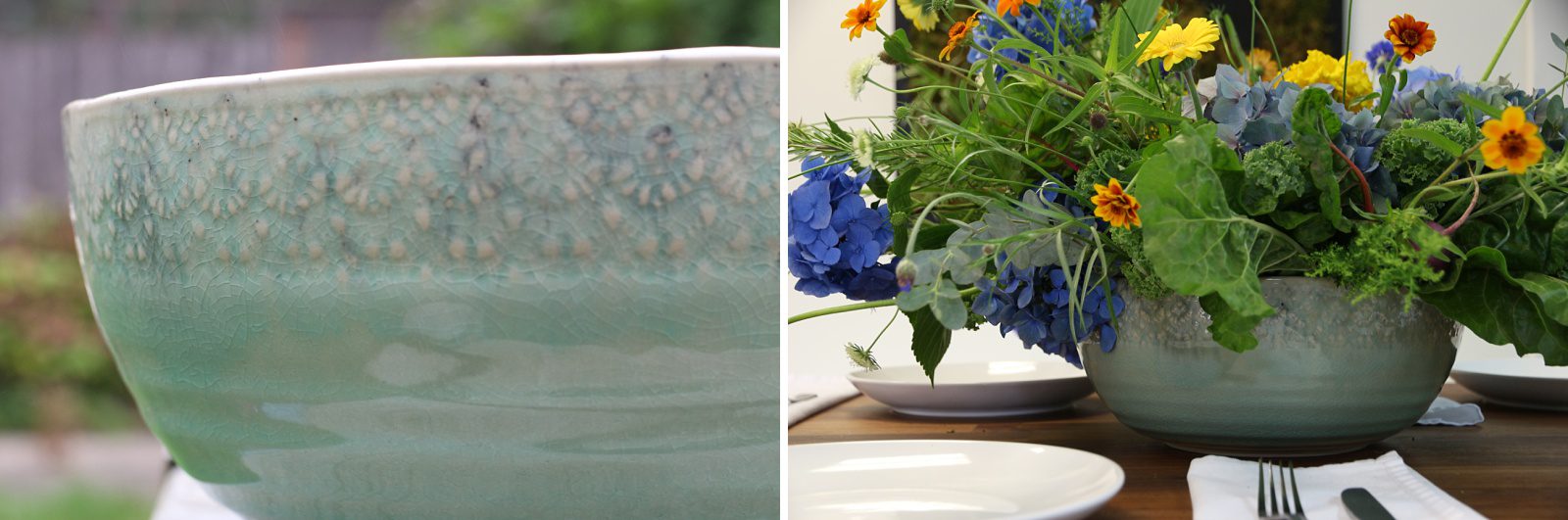 blue ceramic salad bowl with flowers