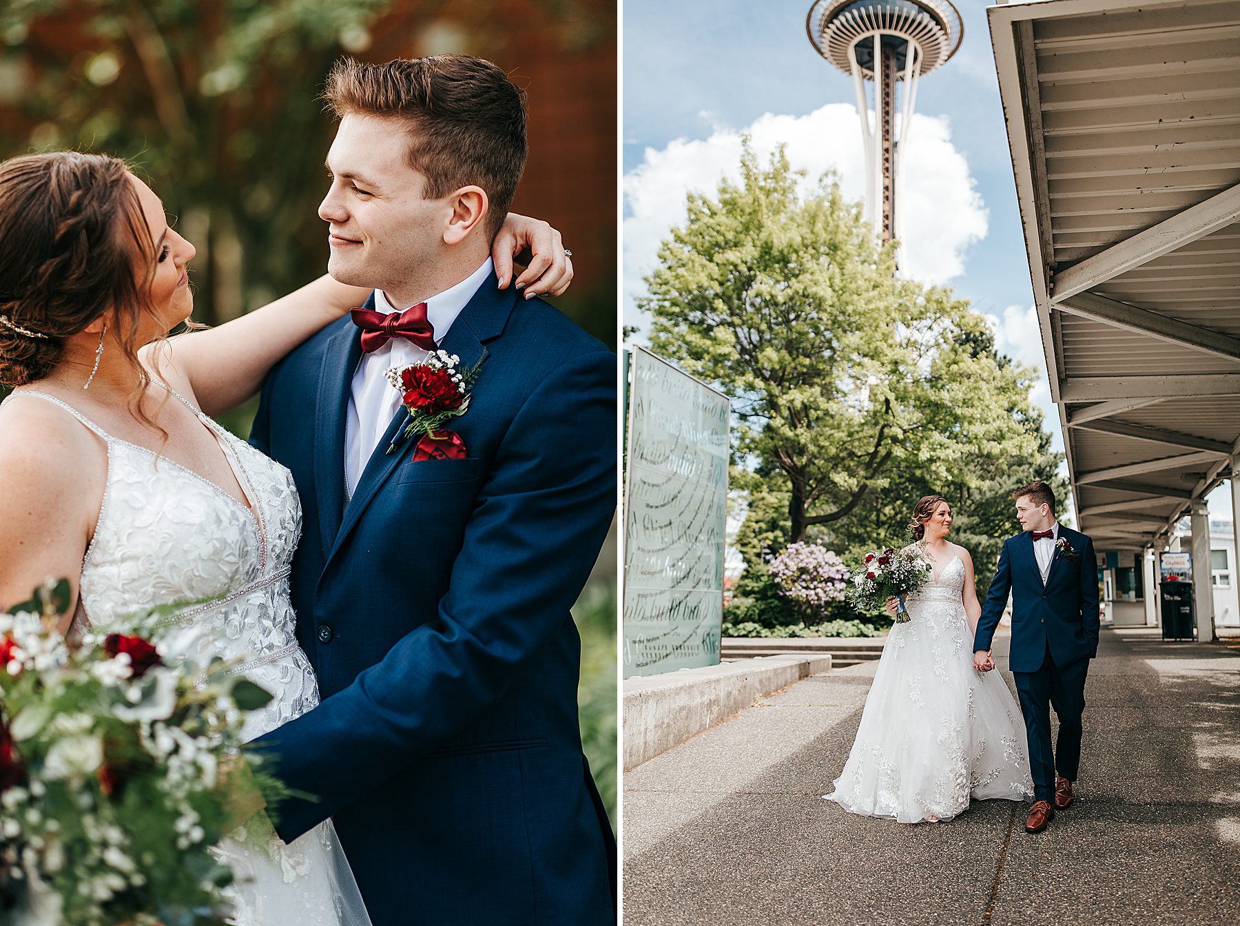 bride and groom by the Seattle space needle