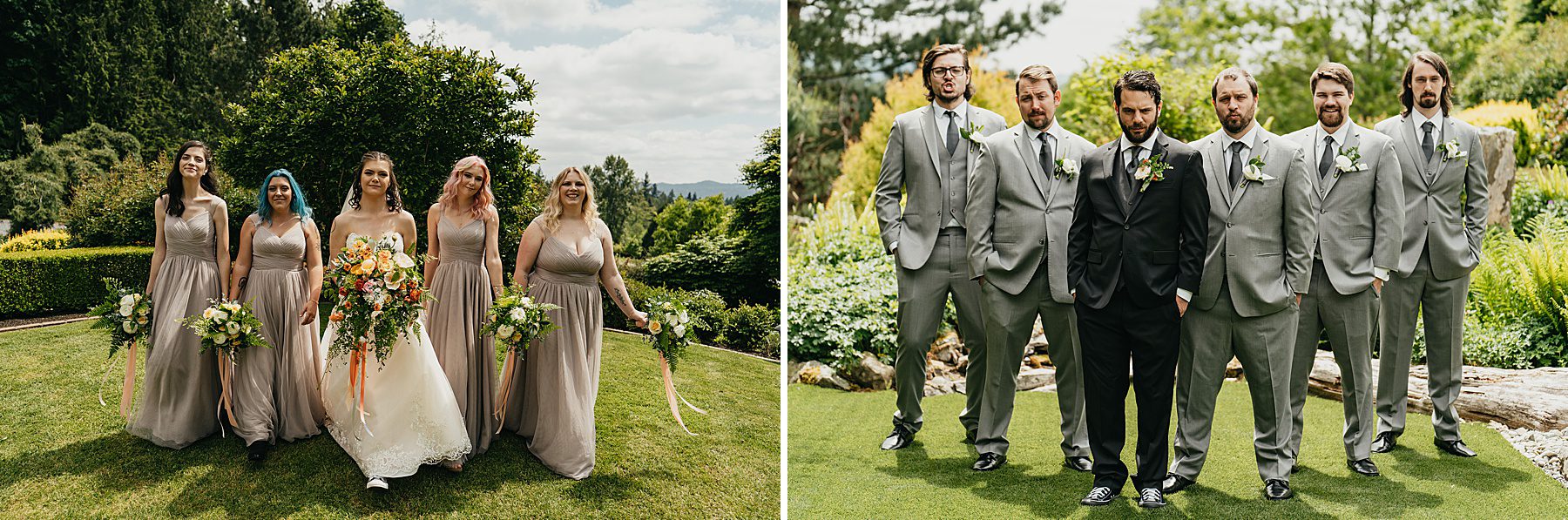 bridesmaids with a bride and groomsmen with a groom