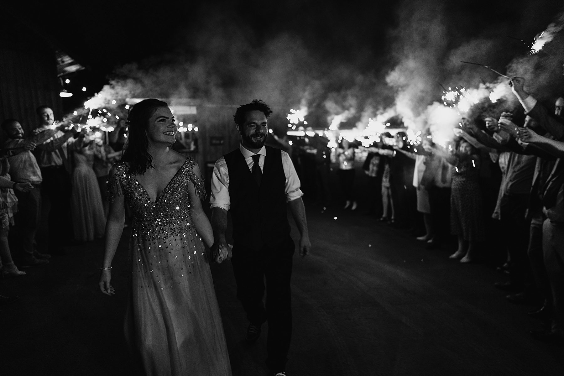 sparkler exit at wedding with bride and groom