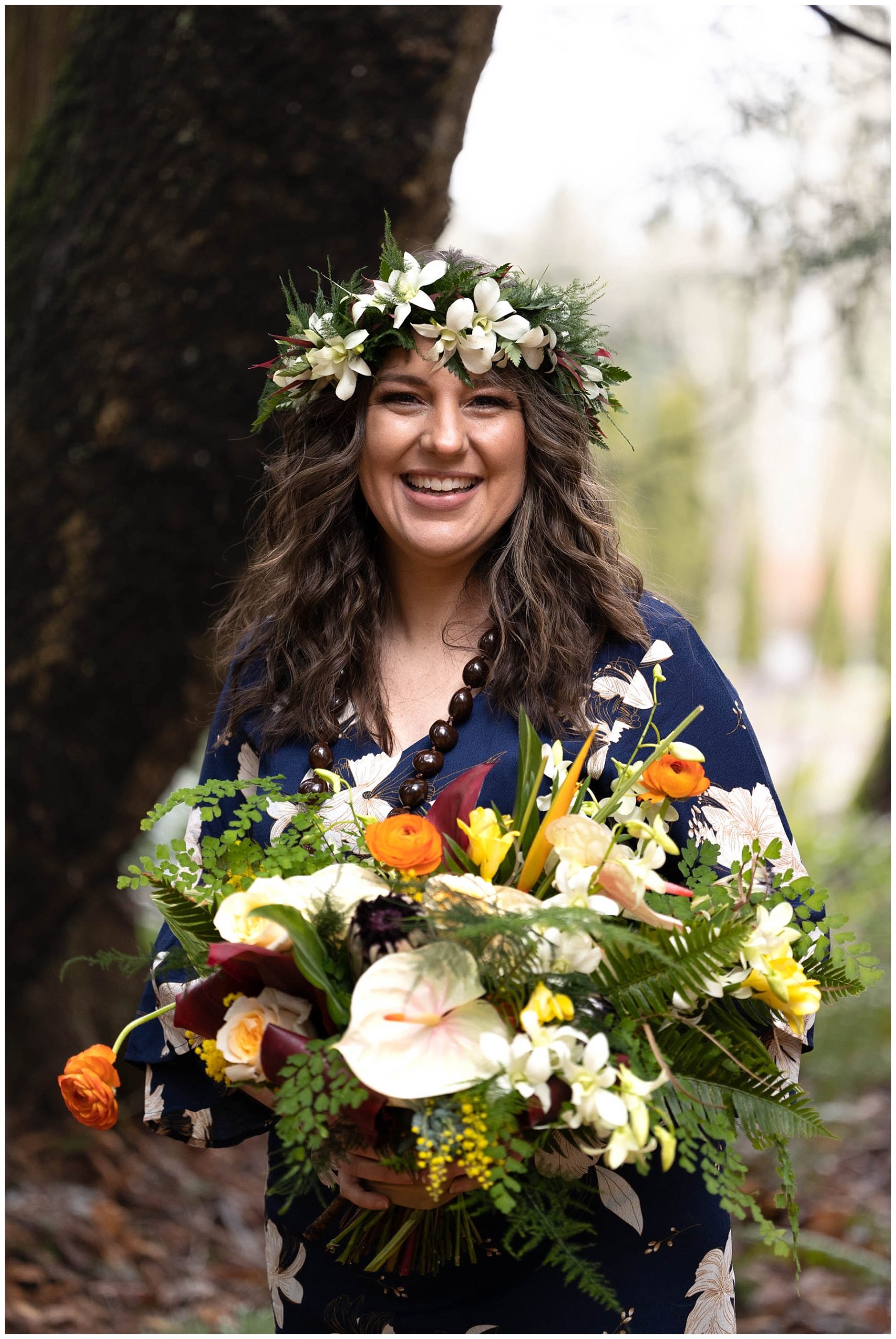 woman holding a Hawaiian style bouquet