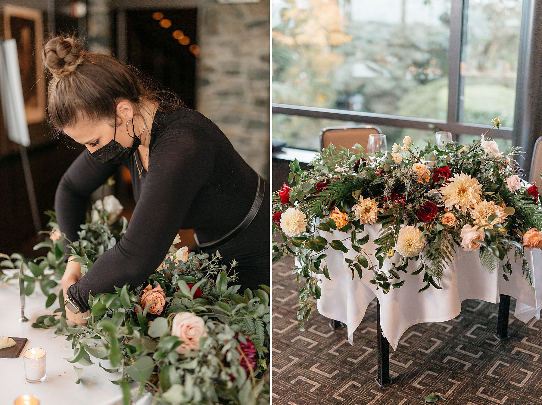 putting fall colored flowers on a sweetheart table