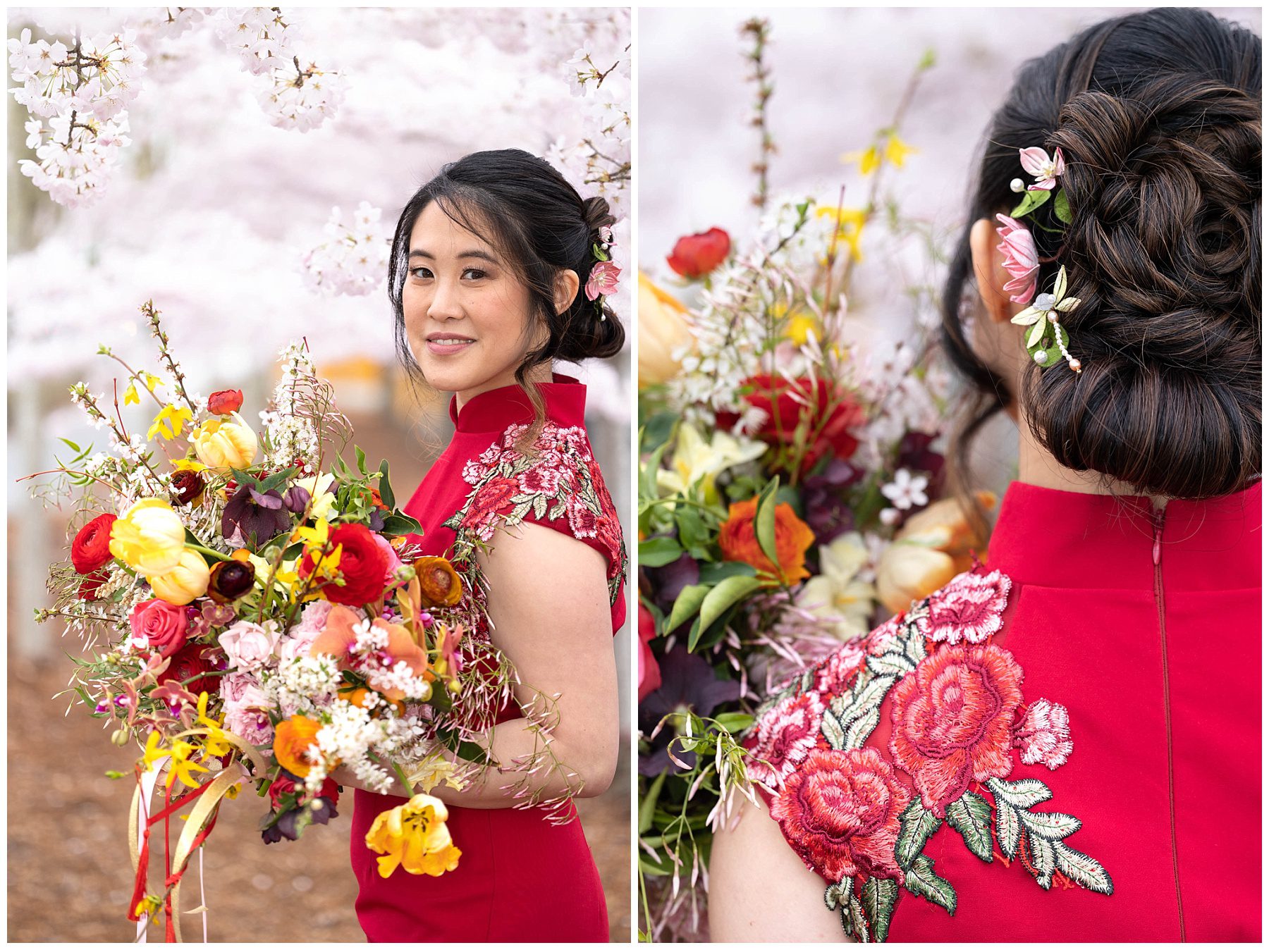 Bride in red dress stand under cherry blossoms