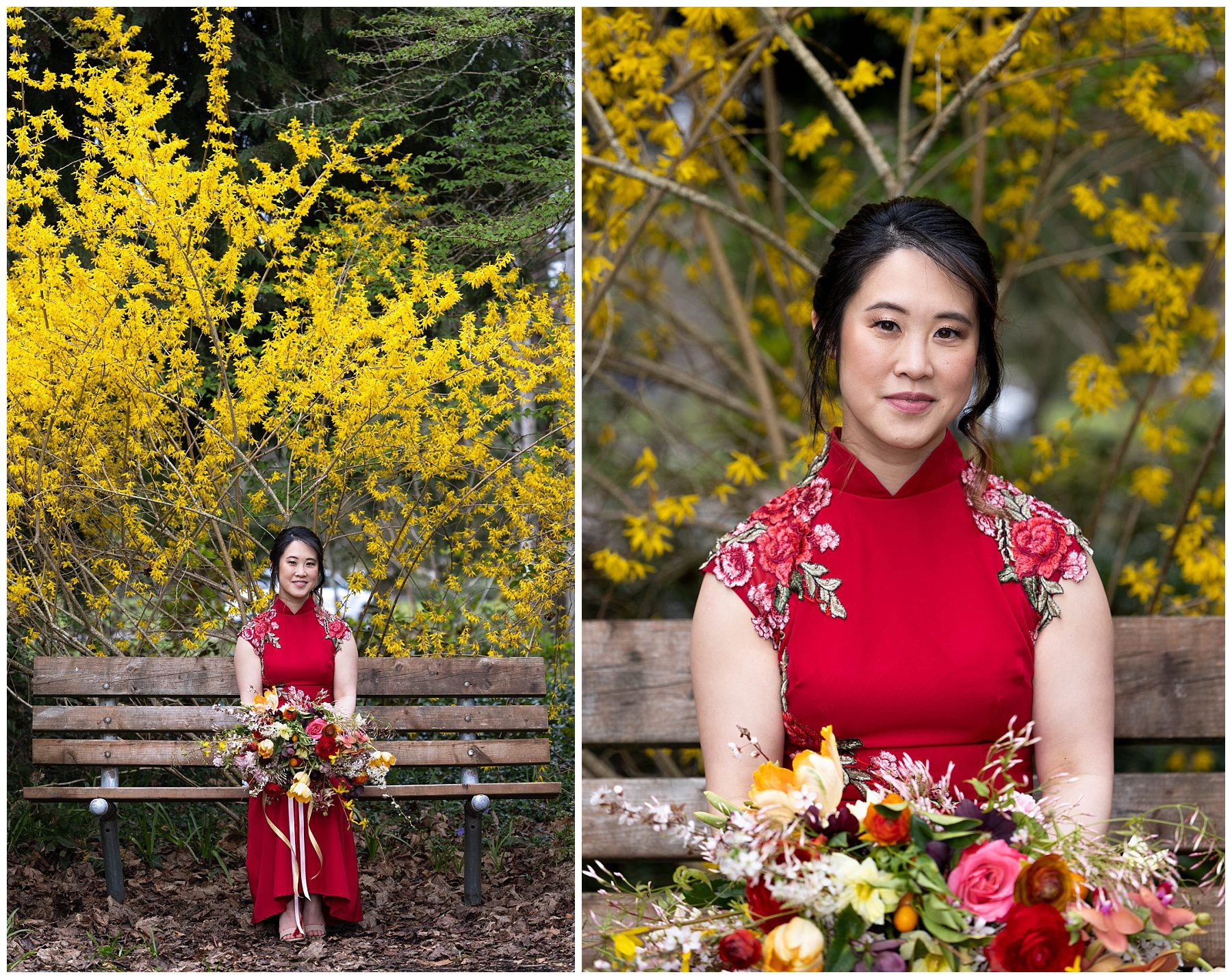 Asian bride sitting on bench wearing a red dress