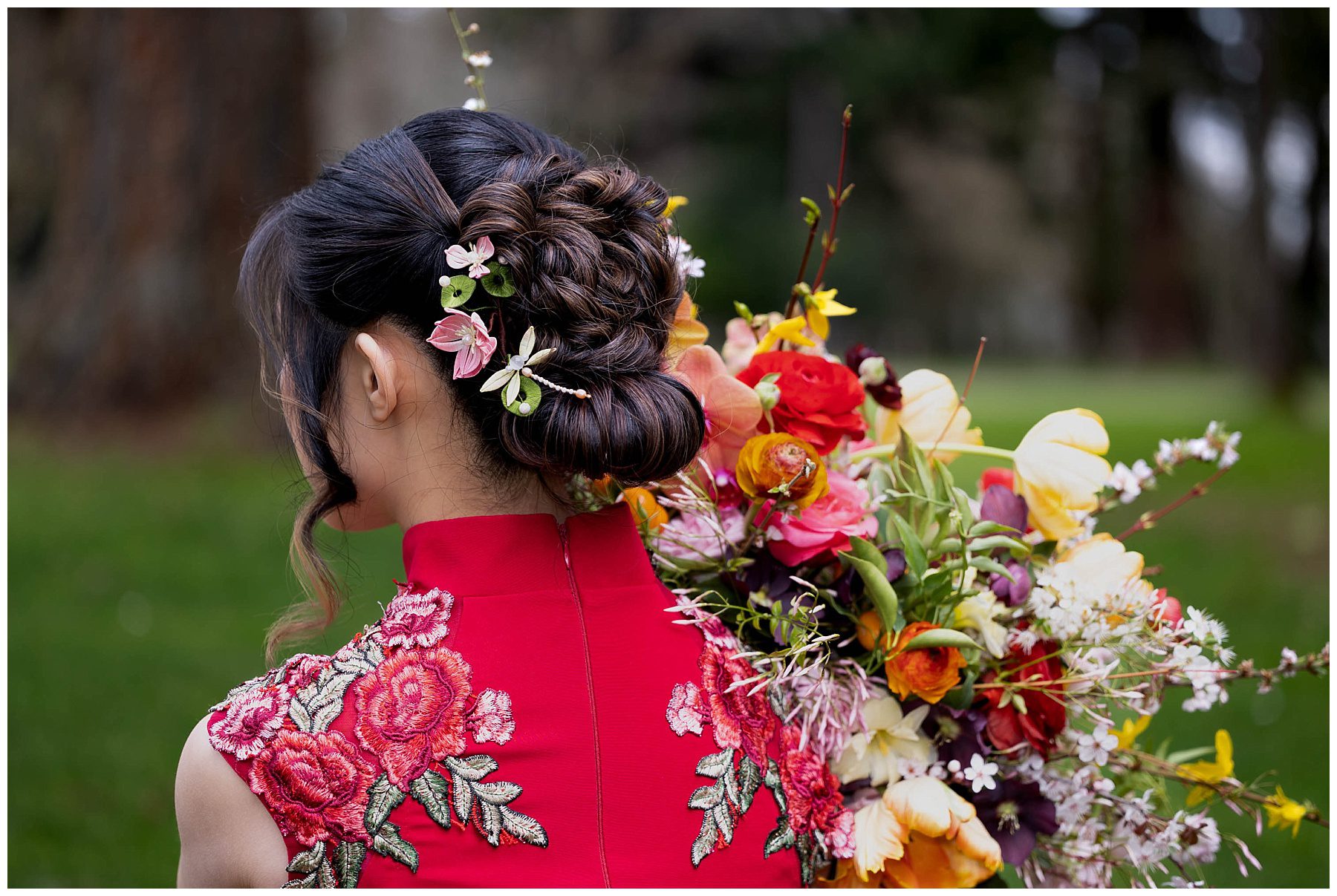 updo hair-do with red wedding dress