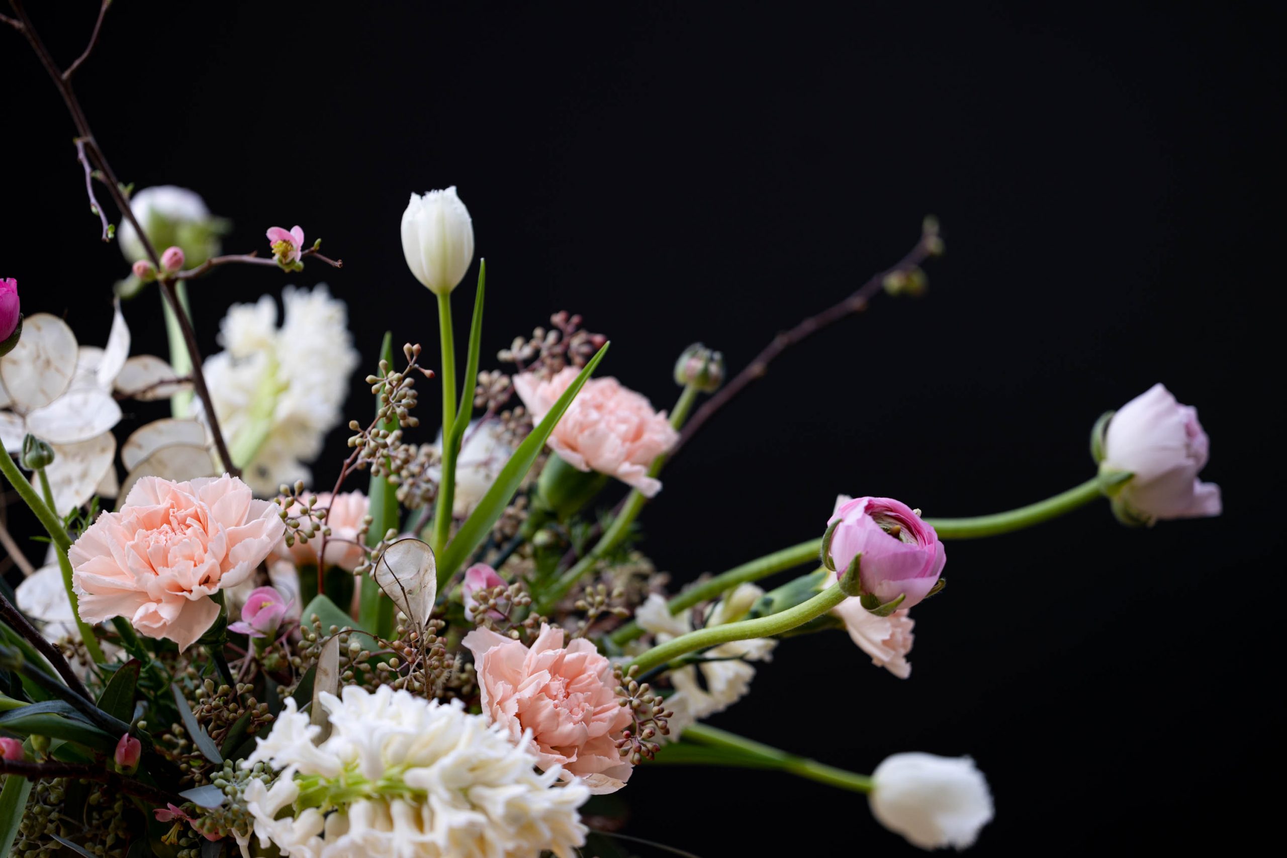 spring arrangement with white and pink flowers