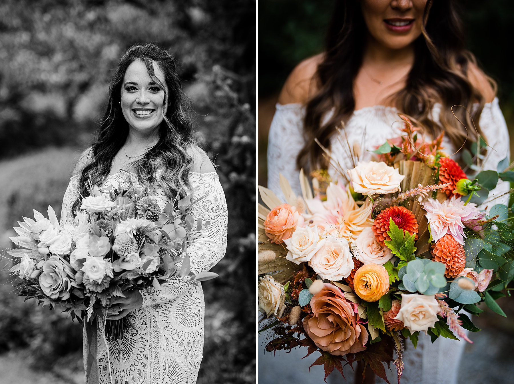 bride holding colorful fall bouquet