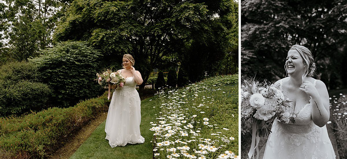 bride in a garden holding a bouquet