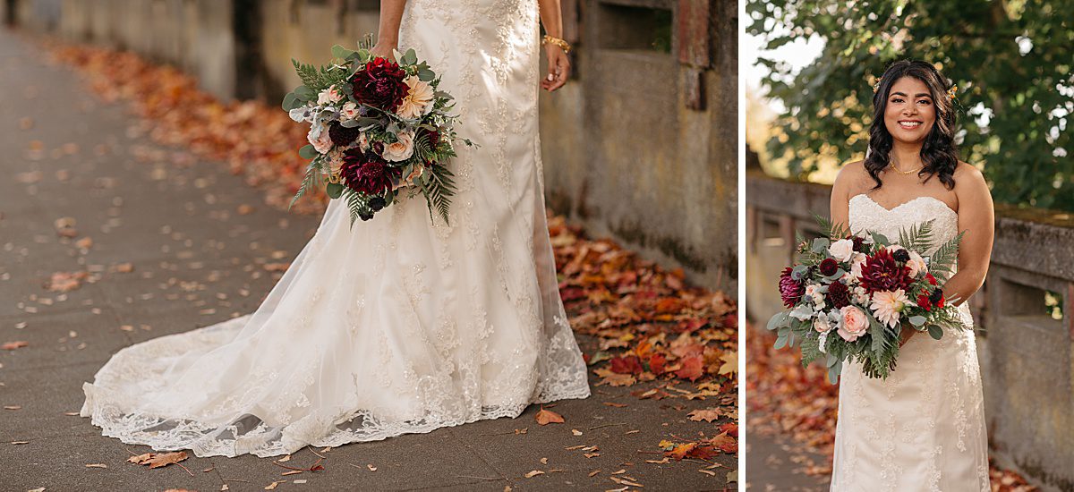 a burgundy, white, and peach fall bridal bouquet