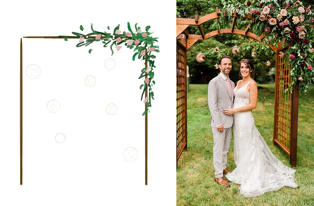 bride and groom under a floral arbor