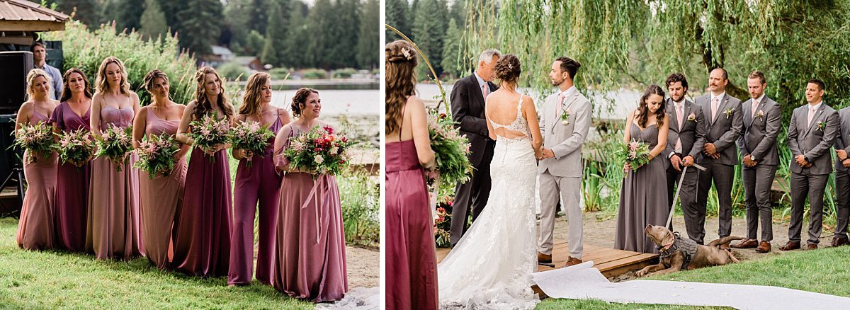bridesmaids in dusty pink dresses holding pink and green bouquets