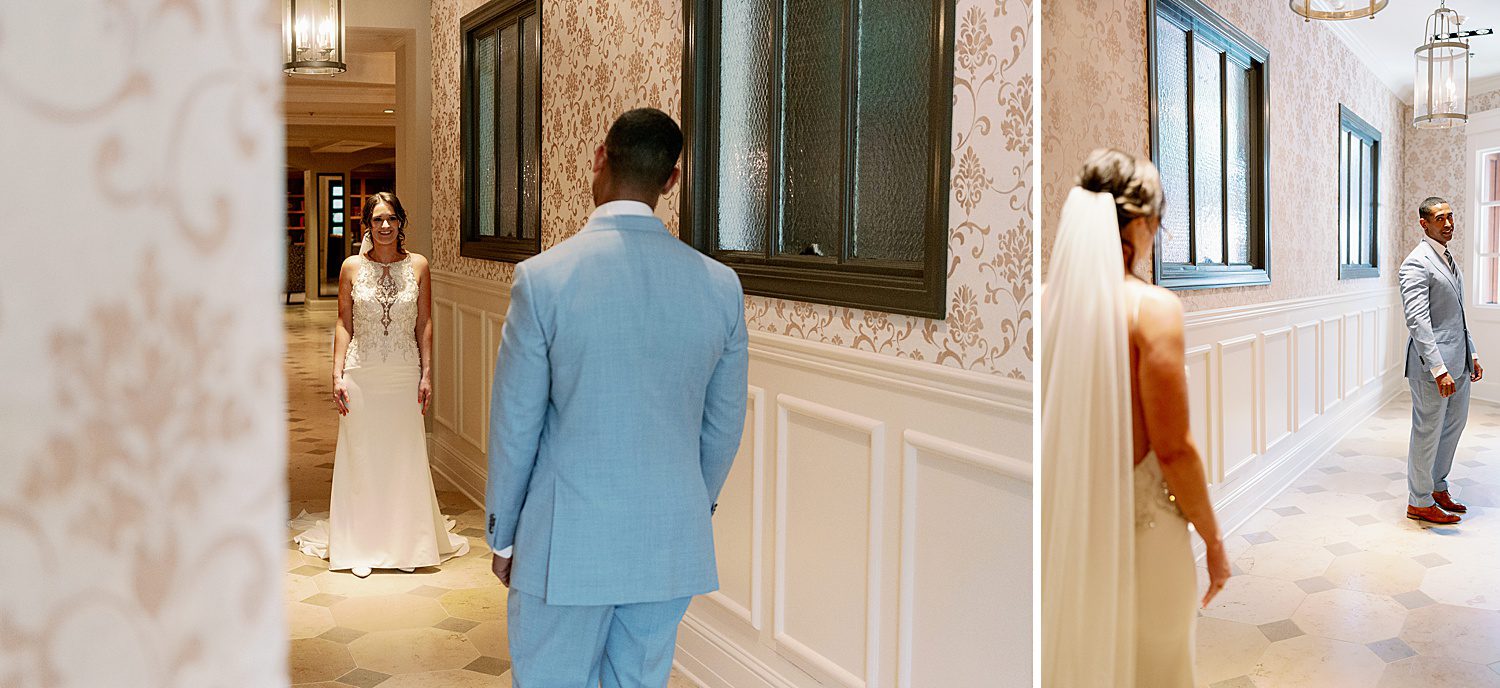 bride and groom first look in hallway at Hotel Ballard Seattle