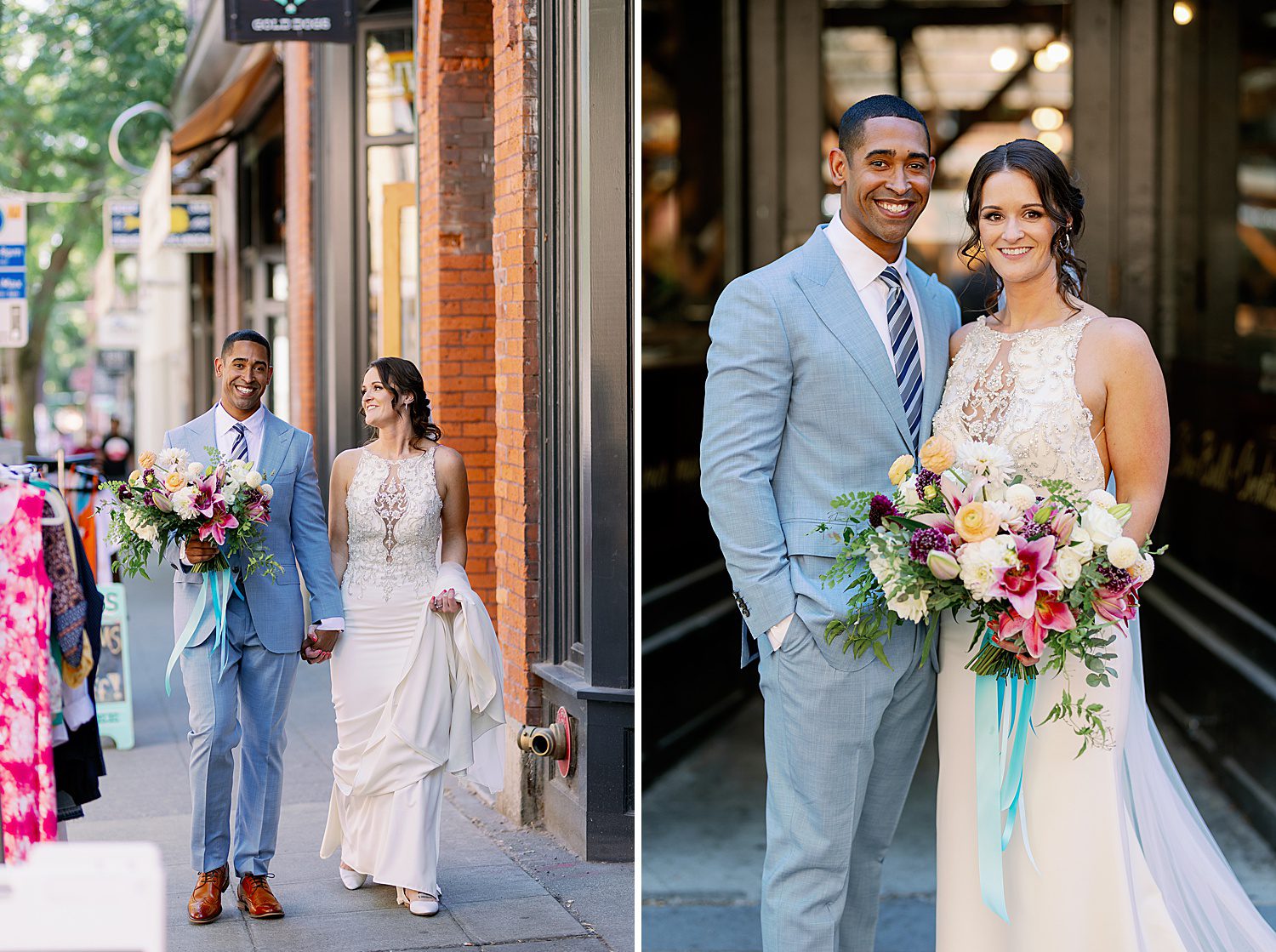 bride and groom walking in the Ballard neighborhood of Seattle holding a colorful bridal bouquet