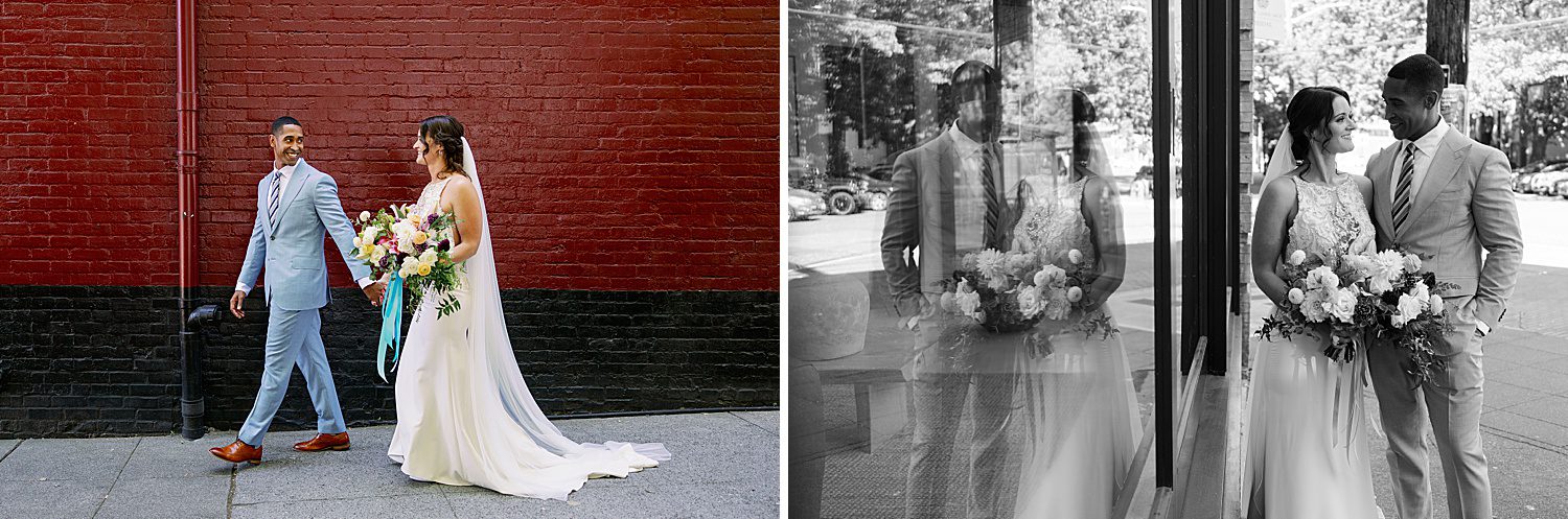 artsy photos of a bride and groom walking in the Ballard neighborhood of Seattle