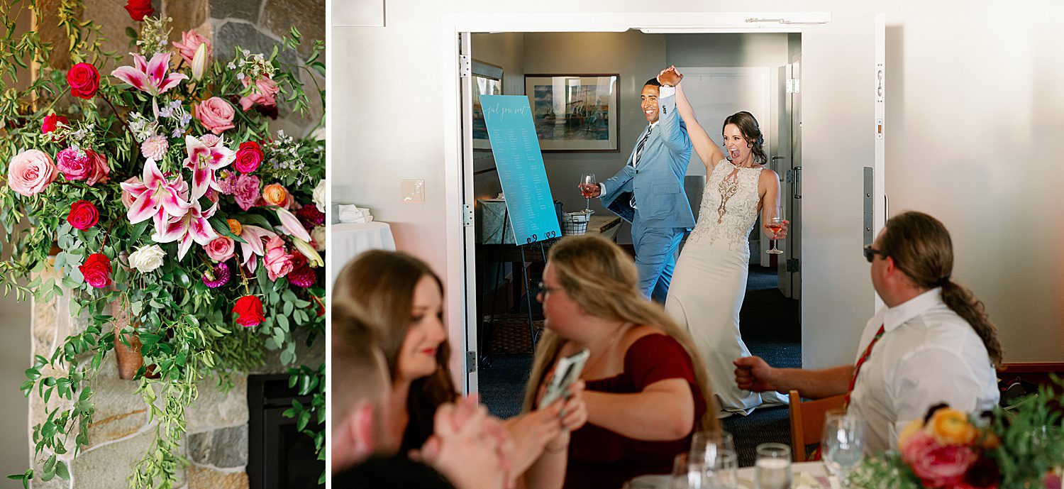 bride and groom enter the reception room at Ray's Boathouse with colorful mantle florals