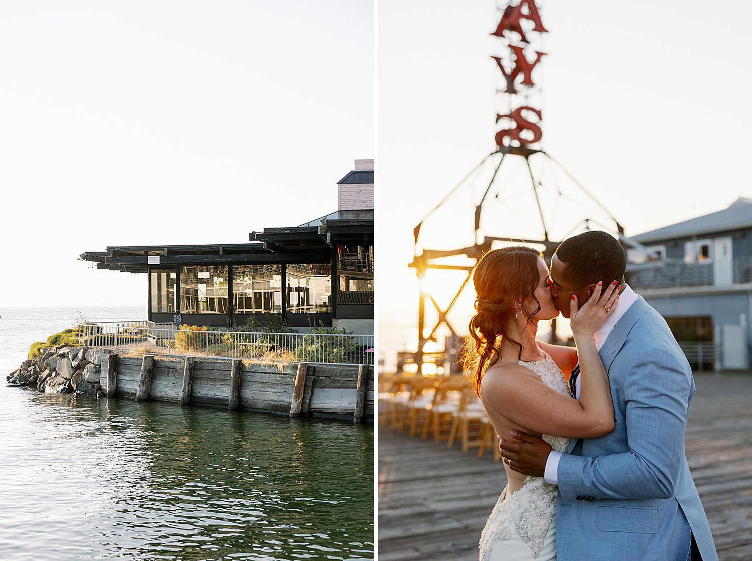 a bride and groom kiss outside of Ray's Boathouse