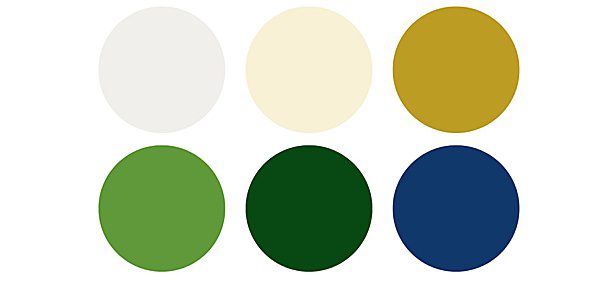 a color palette of white, ivory, gold, blue and green