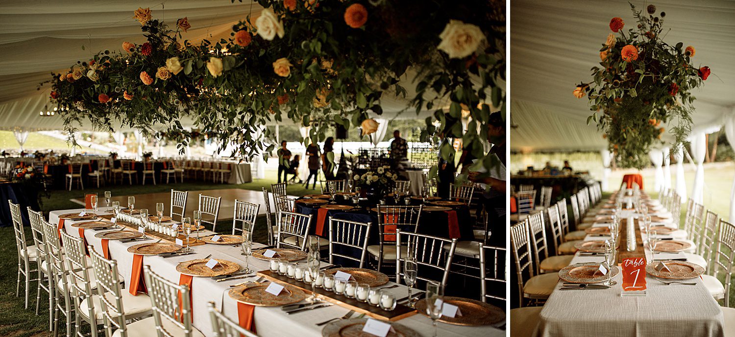 suspended flowers over long reception tables