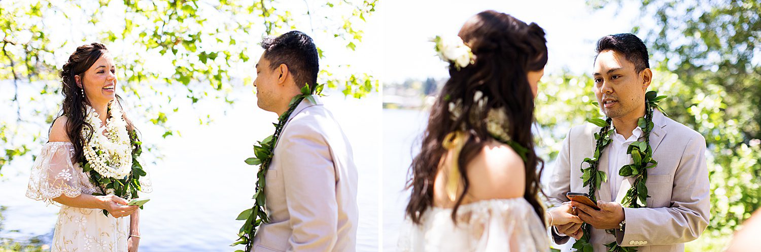 bride and groom wearing flower leis