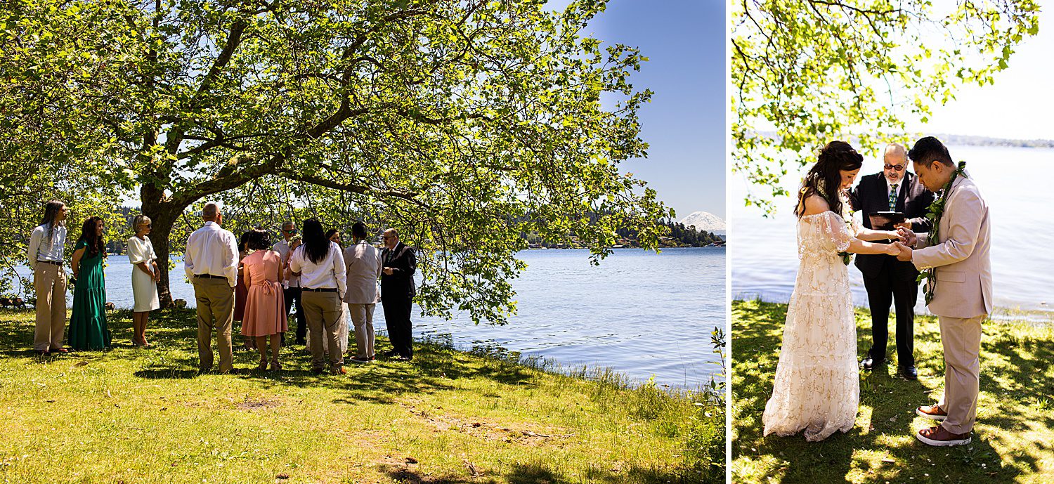 wedding ceremony by lake at Seward Park Seattle