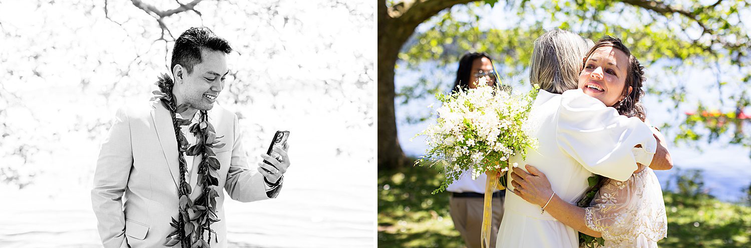 groom wearing a lei and a bride hugging her mom