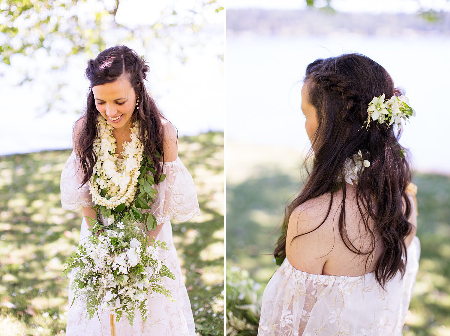 bride with a pikake and orchid lei holding a white a green bouquet