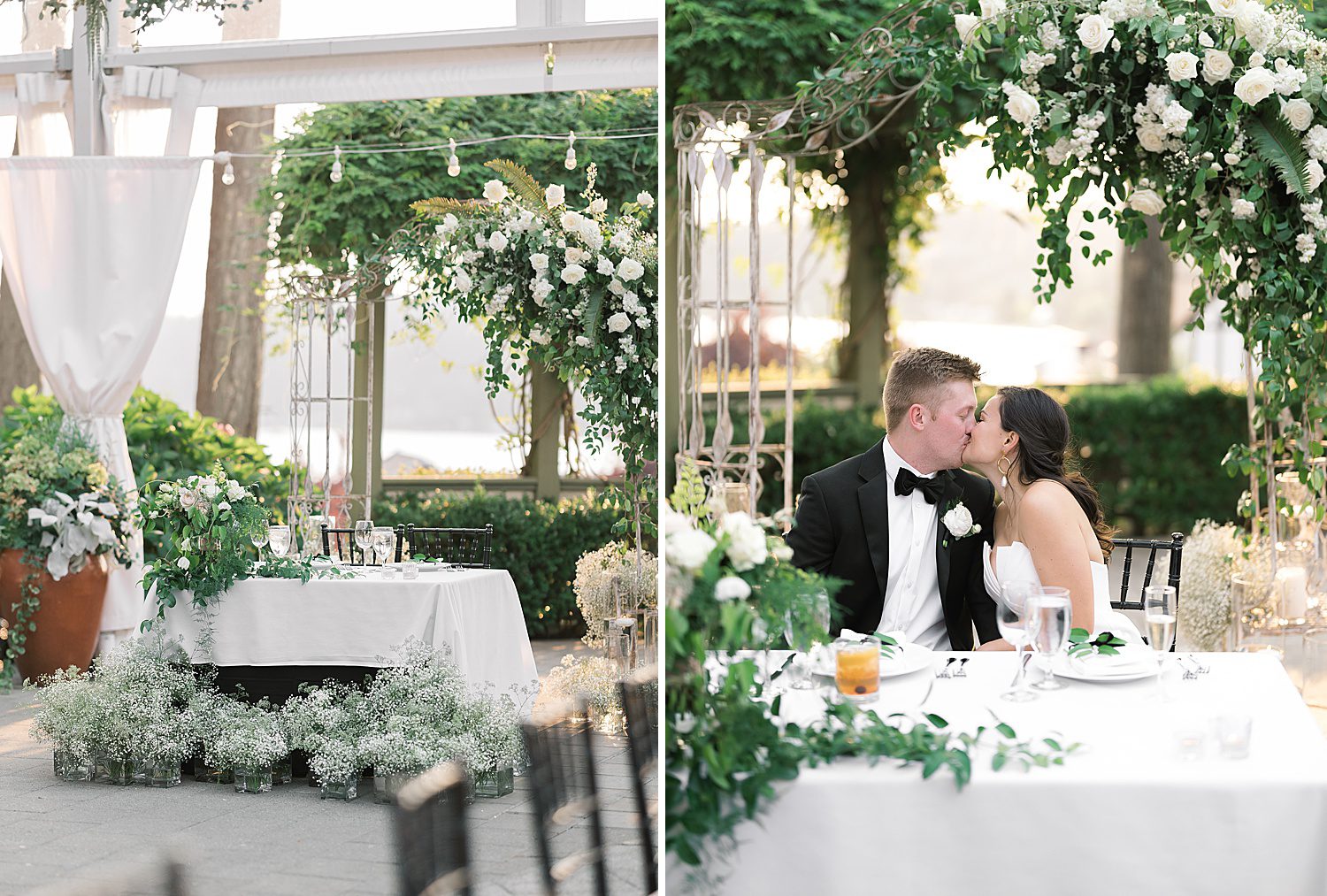 bride and groom kissing at the sweetheart table