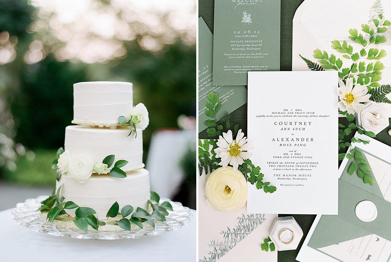 white wedding cake and wedding invitations