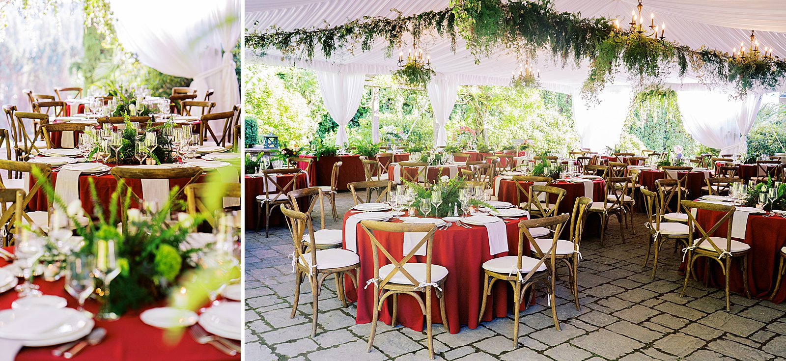 enchanted wedding reception with red linens and hanging greenery