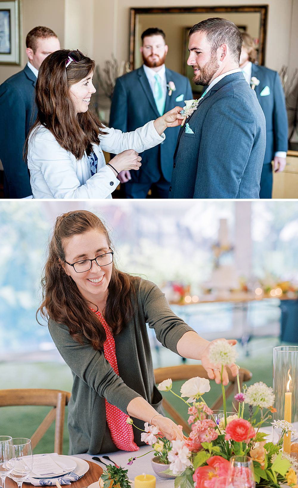 holly yee wedding florist pinning a boutonniere on a groom