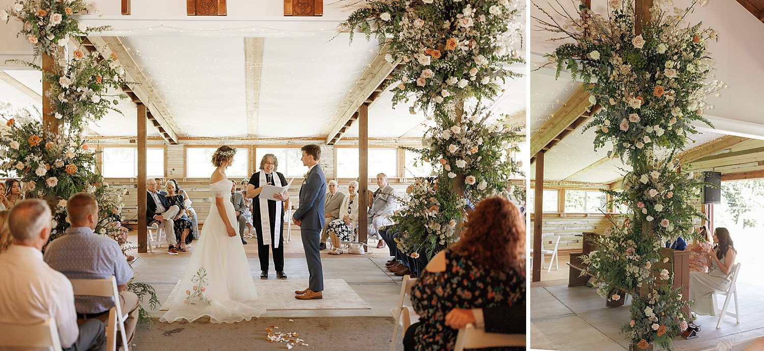 wedding ceremony with spiraling floral columns