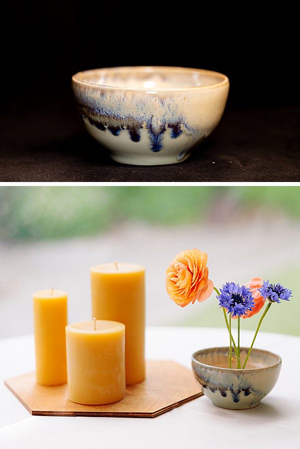 ceramic vase with flowers and beeswax candles