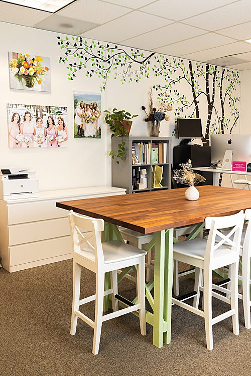 wooden table at a floral studio