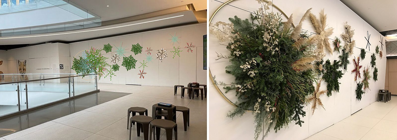 botanical snowflakes on a wall in a mall