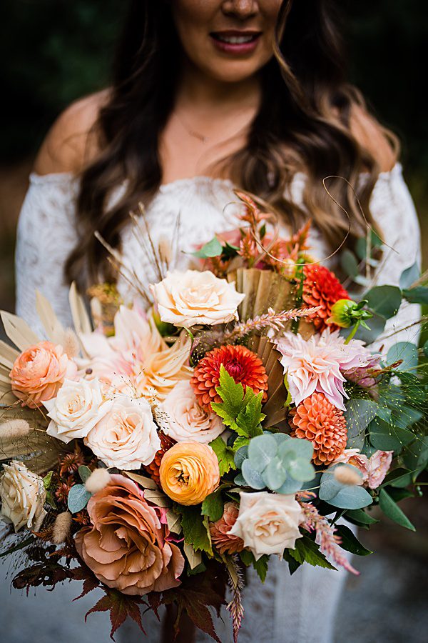 colorful fall bridal bouquet with dahlias