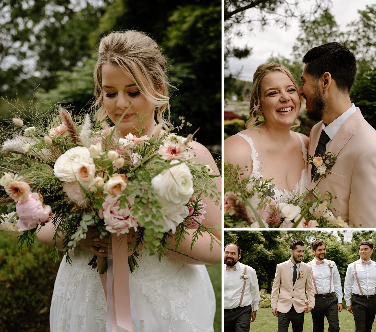 bride holding a blush and white gorgeous bridal bouquet