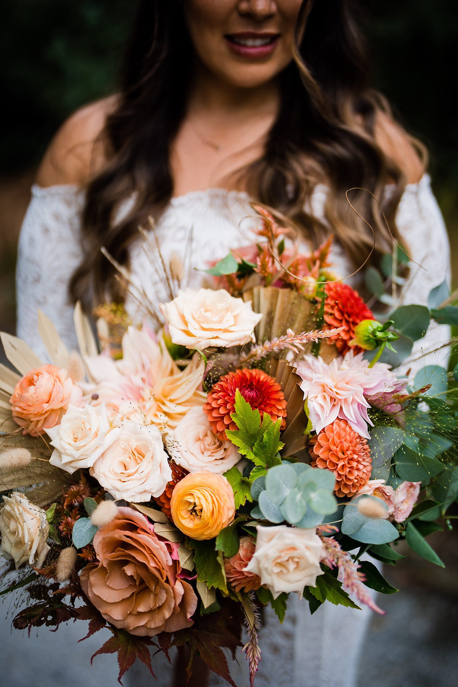 colorful fall bridal bouquet with dahlias