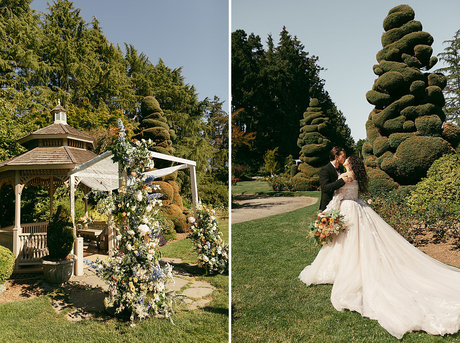 a bride with a long dress train kissen the groom in a garden near a chuppah adorned with flowers
