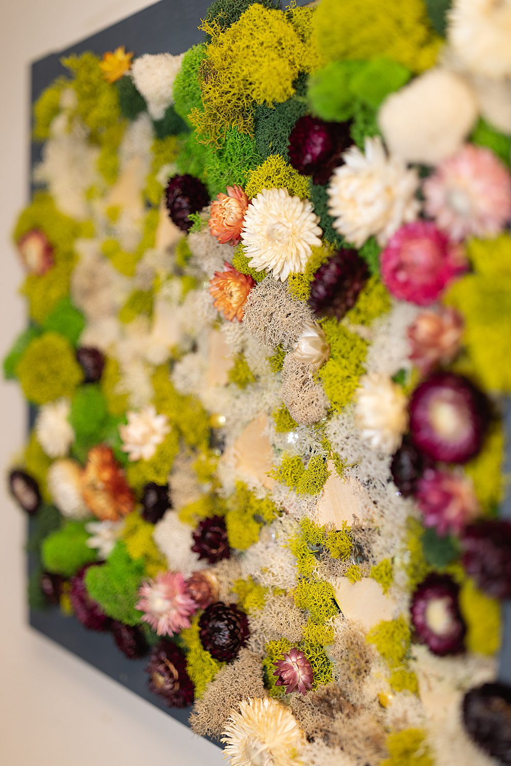 preserved moss wall art with dried colorful flowers