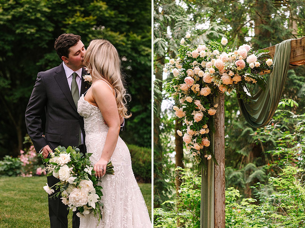 a bride holding a lush pink peony bouquet kisses a groom and a blush floral arch with velvet fabric